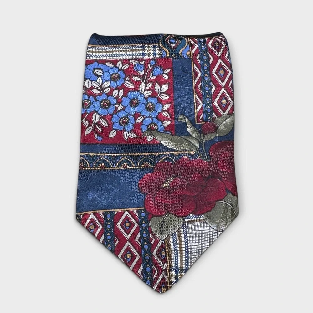Hunt Club Mens Silk Tie Patchwork Floral Geometric Plaid Navy Burgundy Red Gold